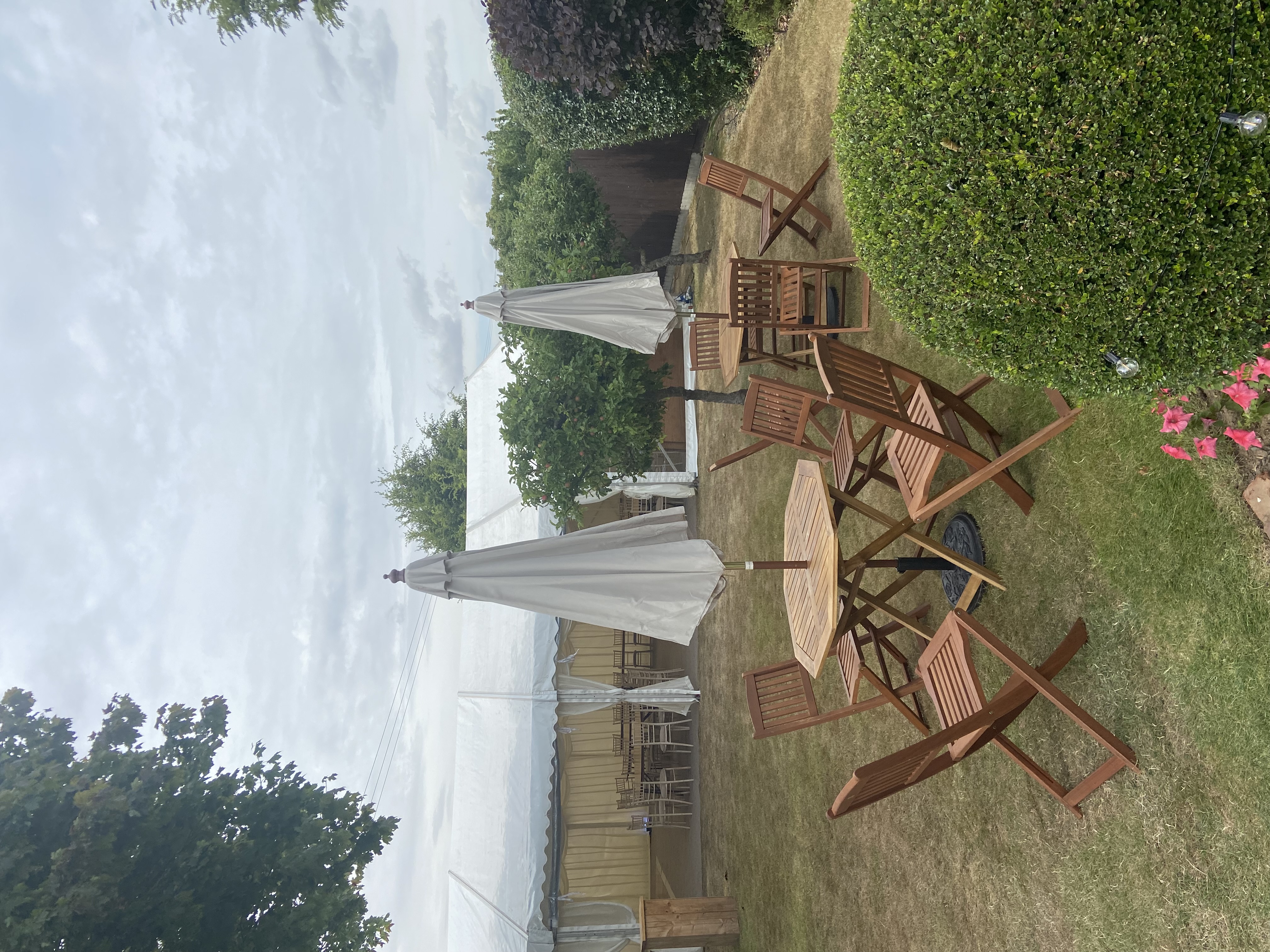 Wooden garden sets and parasols — MHC Events, Leaden Roding, Dunmow, Essex, essex