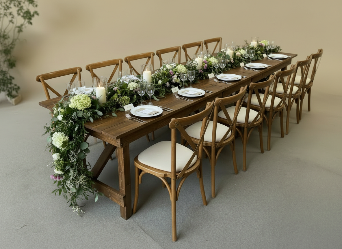 3ft x 6ft rustic trestle tables give that little bit of extra table space for centre pieces to shine — MHC Events, Leaden Roding, Dunmow, Essex, essex