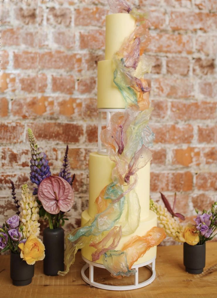An ethereal, sculptural commission featuring translucent vibrant pastel sugar sails — Crumbdidilyumptious — wedding cake in Glenrothes, fife